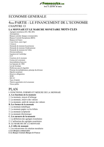 Le financement de l’économie - La monnaie et le marche monétaire - Economie générale