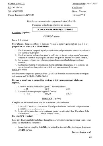 Devoir PC 1ière D COMEF 2 Daloa sujet By Tehua