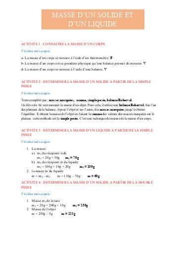 Leçon 9   Masse d'un solide et d'un liquide 6e corrigé