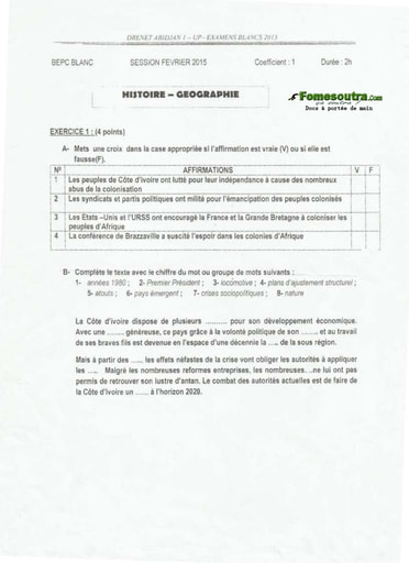 Sujet d'histoire et géographie BEPC blanc 2015 Lycée Mamie Faitai de Bingerville