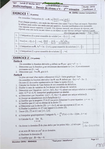 Devoir (2) de Maths niveau Terminale A1 - Lycée classique d'Abidjan