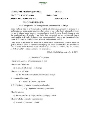 DEVOIR DE NIVEAU ESPAGNOL niveau 3eme INSTITUT EMERAUDE DE BOUAKE by TEHUA