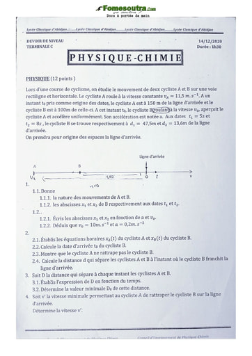 Devoir (1) de Physique-Chimie niveau Terminale C - Lycée Classique d'Abidjan