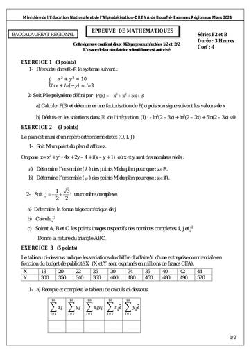 Bac blanc 2024 sujet Maths Série F2 et B dren bouaflé by Tehua