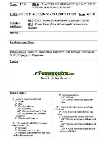 Couple Acide/Base - Classification - Chimie Terminale D