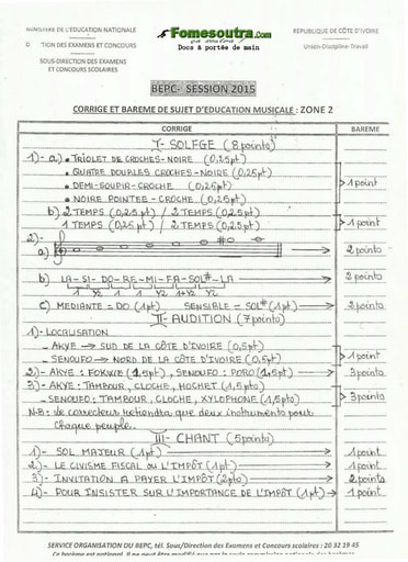 Corrigé et barème du sujet de Musique BEPC 2015 Zone 2
