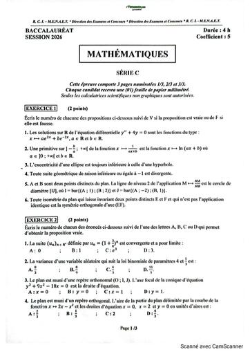 BAC 2026 MATHS SERIE C Sujet+corrigé RCI BY TEHUA