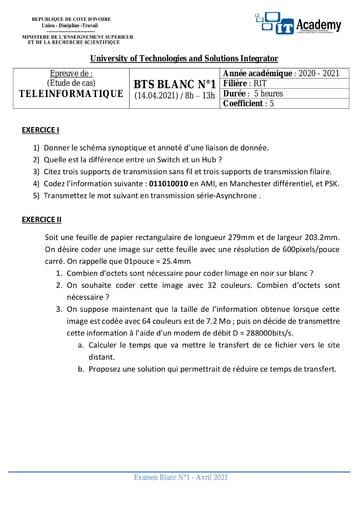 Sujet de teleinformatique bts 2 RIT IT ACADEMY