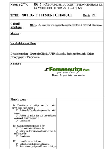 Notion d'élément chimique - Cours de Chimie 2nd C