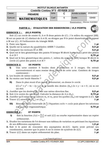 MATHEMATIQUES PREMIERE C PREPA PROBATOIRE 2022