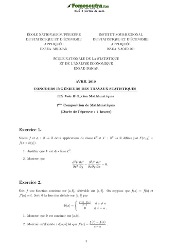 Tous les Sujets et Corrigés - Concours ITS B option Maths 2019 (ENSEA - ISSEA - ENSAE)