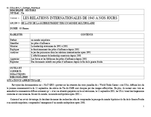 TH1 H3 TLE DE LA FIN DE LA GUERRE FROIDE VERS UN MONDE MULTIPOLAIRE
