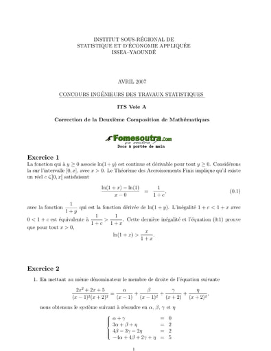 Corrigé 2ème épreuve de maths ITS A 2007 (ENSAE - ISSEA)