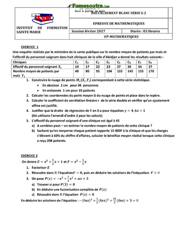 Sujet de maths BAC blanc 2017 serie G2 - Institut de formation Sainte Marie