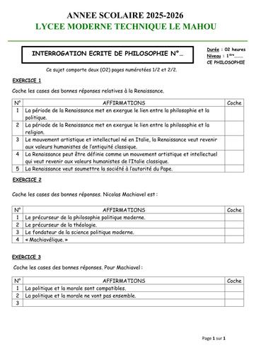 INTERROGATION 2 DE PHILO 1ière Avril 2026