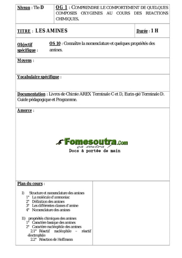 Les Amines - Cours Chimie Terminale D