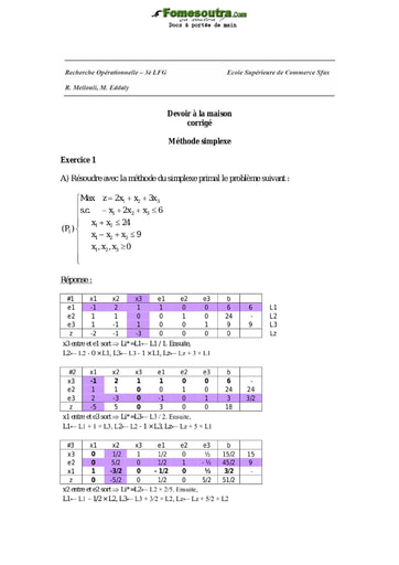 Sujet corrigé - Recherche opérationnelle : méthode du simplexe primal