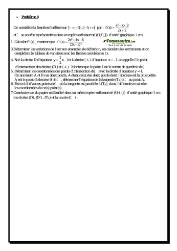 Problème (4) Etude d'une fonction rationnelle - Terminale D