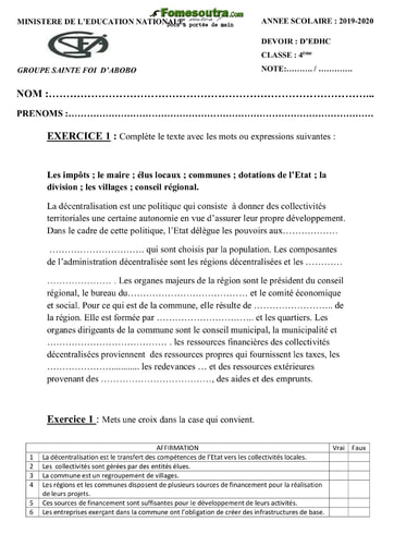 Devoir d' EDHC niveau 4eme - Groupe Sainte Foi d'Abobo
