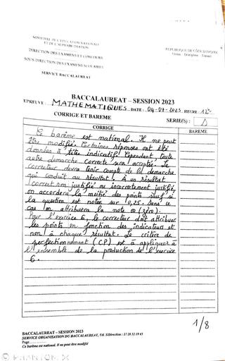 Corrigé Math Bac D 2023