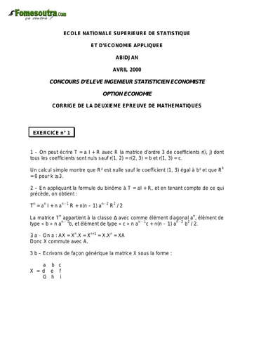 Corrigé 2ème épreuve de maths ISE option économie 2000 (ENSEA)