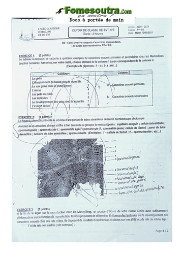 Sujet SVT Première D Lycée Classique d'Abidjan