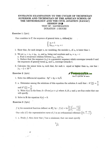 Sujet de Maths Concours EAMAC cycle Technicien Supérieur et Technicien session 2013