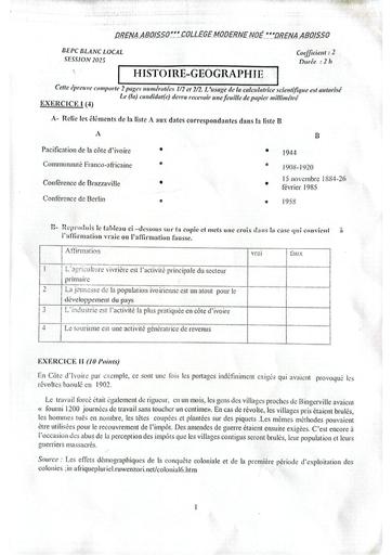 EXAMEN BLANC INTERNE ABOISSO NOE BEPC HISTOIRE GEOGRAPHIE 3ième BY TEHUA