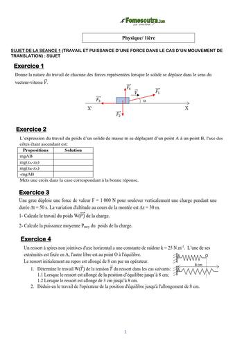 COURS DE VACANCES PHYSIQUE 1ière SUJET 1 (TRAVAIL ET PUISSANCE D’UNE FORCE) BY TEHUA