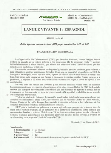 Sujet corrigé et barème d'Espagnol BAC A1 et A2 2015