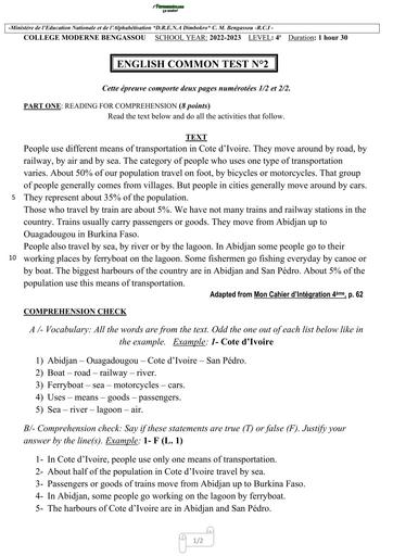 ENGLISH TEST NIVEAU 4ième DEVOIR COMMUN 2 UNITE 3 CM BENGASSOU BY TEHUA