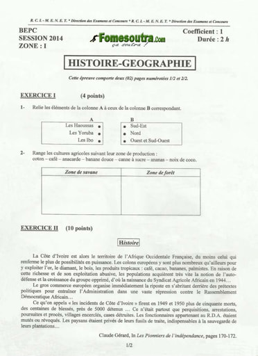 Sujet d'Histoire Geo BEPC 2014 Zone 1