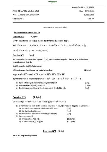 DEVOIR DE MATHS NIVEAU 2nde C LS 2026 BY TEHUA