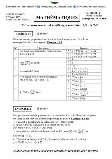 DEVOIR DE MATHS NIVEAU Tle A2 DRENA ABIDJAN 4 BOCABO BY TEHUA