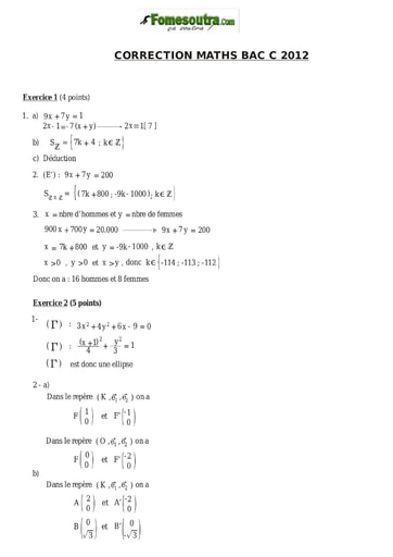 Corrigé de Maths BAC C 2012