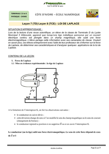 Terminale C&D&E : Loi de Laplace