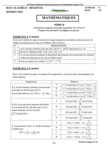 Sujet Examen Bac blanc 2024 Maths serie D Dren Abidjan 1 by TEHUA