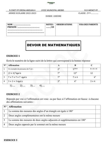 DEVOIR DE NIVEAU MATHS 5ième TRIMESTRE 2 LYCEE MUNICIPAL ABOBO BY TEHUA