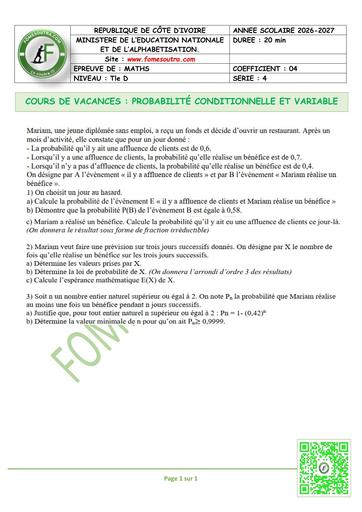 FICHE 3 MATHS Tle C&D PROBABILITÉ CONDITIONNELLE ET VARIABLE BY TEHUA