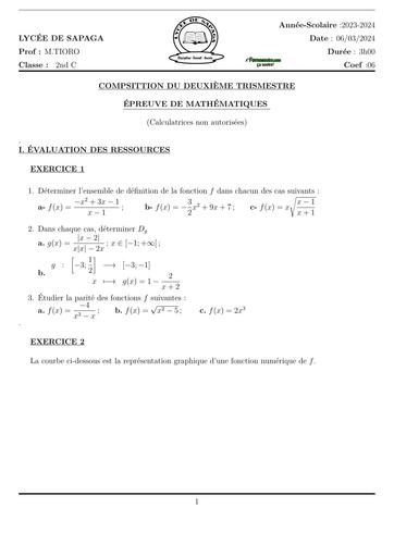 DEVOIR DE MATHS 2nde C N°1 COMPO Trimestre 2 LYCEE DE SAPAGA by TEHUA