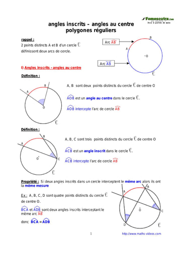 Angles inscrits – angles au centre polygones réguliers - Cours de maths 3eme