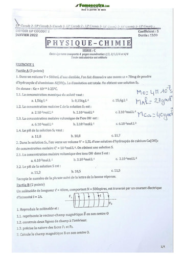 Sujet de Physique-Chimie Terminale C Lycée Classique Abidjan