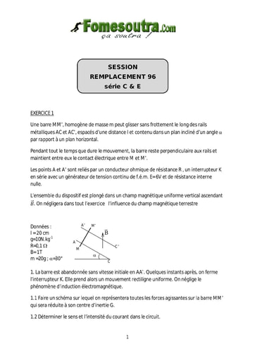 Sujet de Physique-Chimie BAC C et E 1996 session remplacement