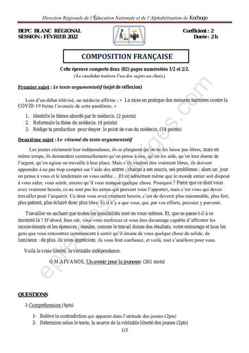 SUJET BEPC BLANC 2022 COMPOSITION FRANCAISE REGIONAL DE KORHOGO COTE D'IVOIRE
