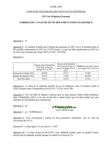 Corrigé Analyse d'une Documentation Statistique ITS B option Economie 2014 (ENSEA)