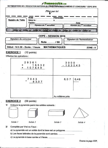 Sujet de Mathematique CEPE 2016 zone 2