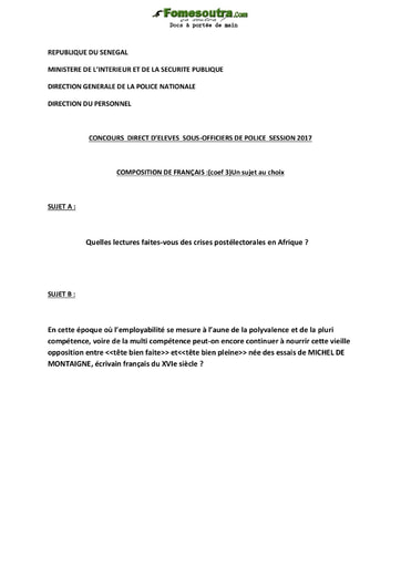 Sujet de français - Concours sous-officiers de police 2017 - Sénégal