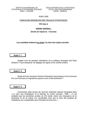 Sujet d'ordre générale ITS A 2008 (ENSAE - ISSEA)