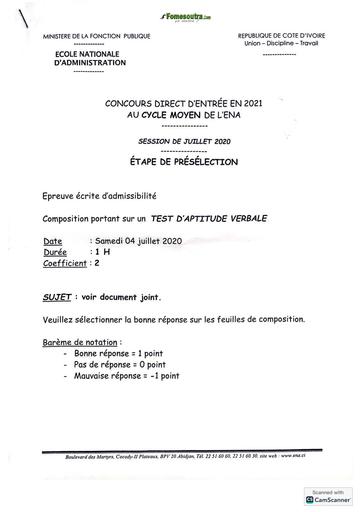 Concours ENA 2021 Cycle moyen présélection EPREUVE D'APTITUDE VERBALE