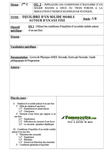 Equilibre d’un solide mobile autour d’un axe fixe - Cours de Physique 2nd C